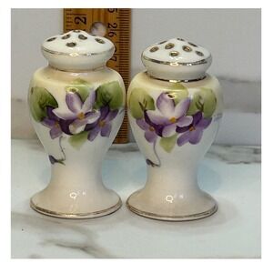 Vintage Nippon Hand Painted Porcelain Salt and Pepper Shakers Violets Gold